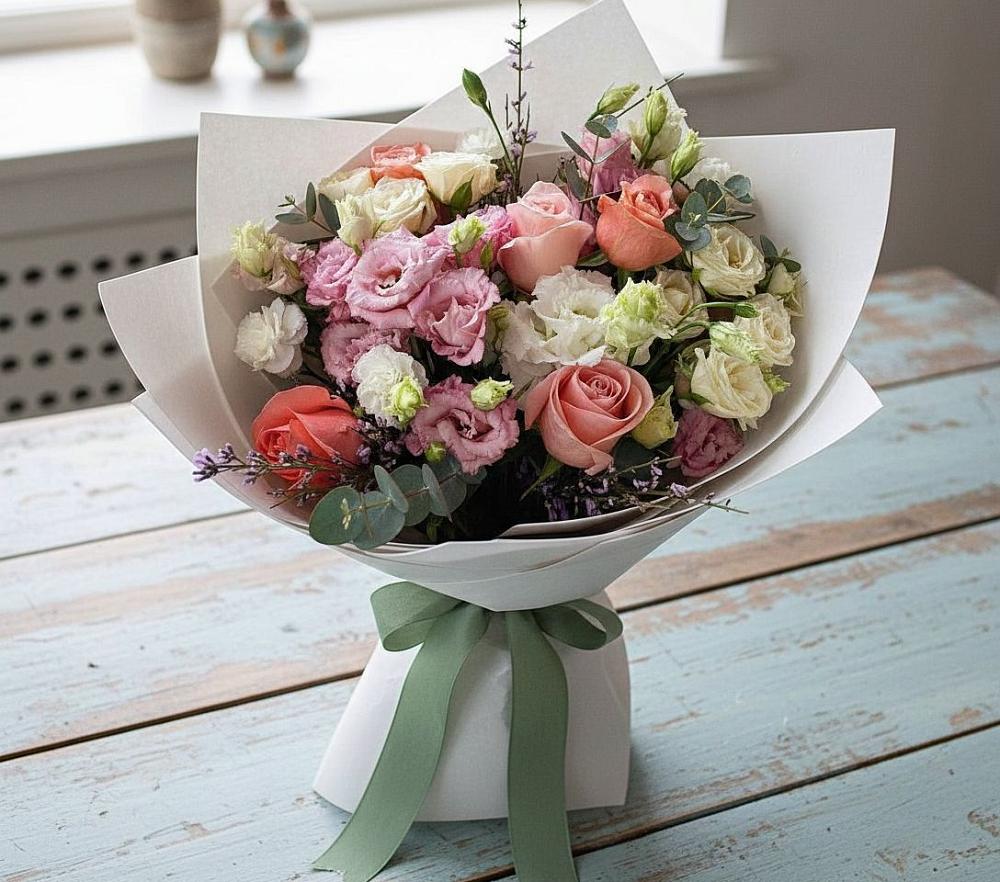 Букет цветов из: Розы, Лизиантусы и Гвоздики в Червлённой-Узловой