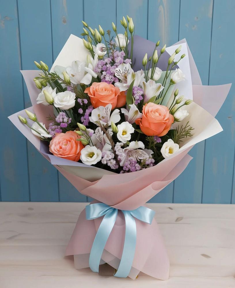 Букет цветов из: Лизиантусы, Розы, Альстромерии и Гипсофила в Червлённой-Узловой